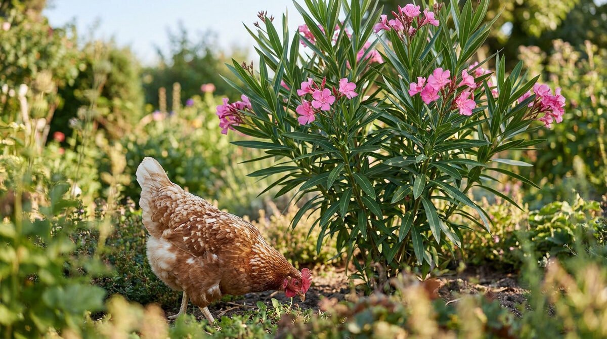 Une poule rousse picore dans un jardin près d'un laurier-rose en fleurs.