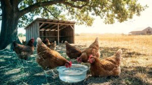 Des poules brunes se désaltèrent dans un abreuvoir à l'ombre d'un arbre pendant une journée ensoleillée.