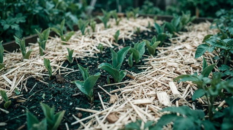 Jeunes pousses vertes émergeant d'un sol sombre recouvert de paille dans un potager.
