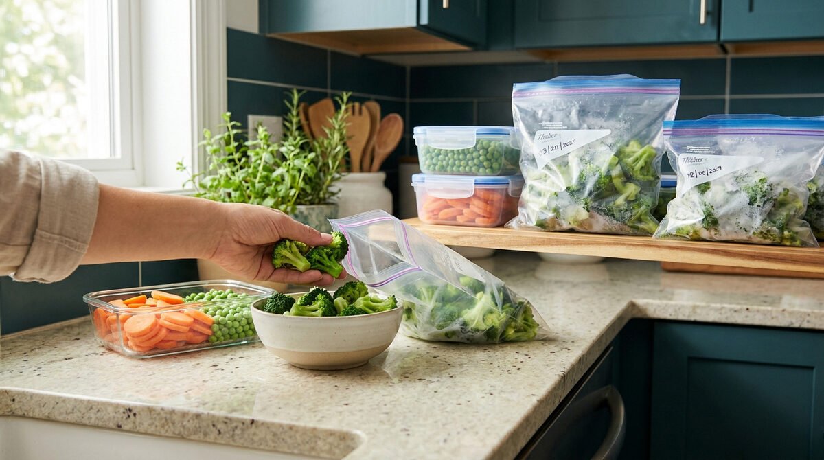 Une main place des bouquets de brocolis dans un sac de congélation sur un comptoir de cuisine.