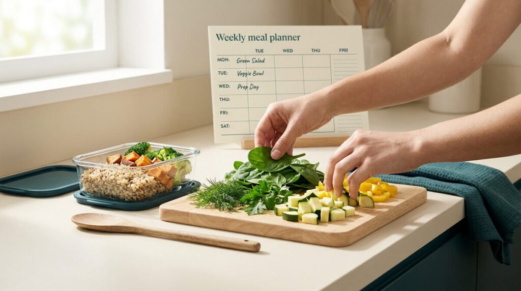 Personne préparant des légumes sur une planche à découper avec un planificateur de repas hebdomadaire en arrière-plan.