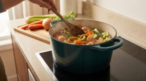 Une main remue des restes de légumes dans une grande cocotte bleue fumante sur une plaque de cuisson.