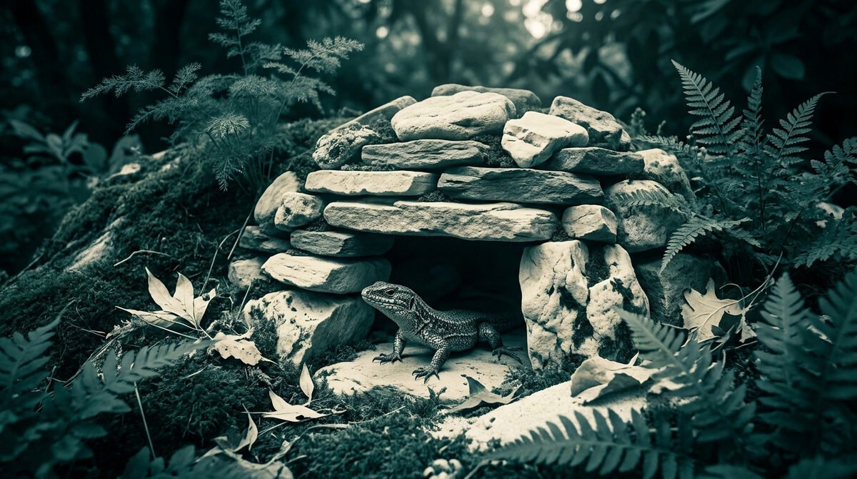 Un petit lézard sortant d'un abri en pierres sèches entouré de fougères et de mousse dans un jardin.