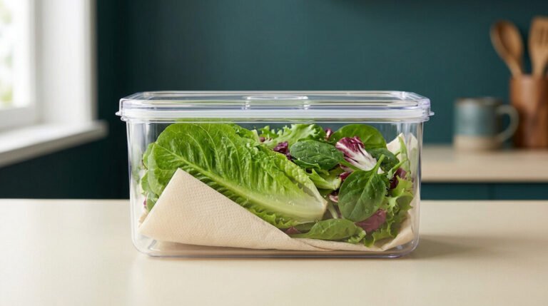 Récipient transparent contenant des feuilles de salade fraîche avec une serviette en papier absorbant.