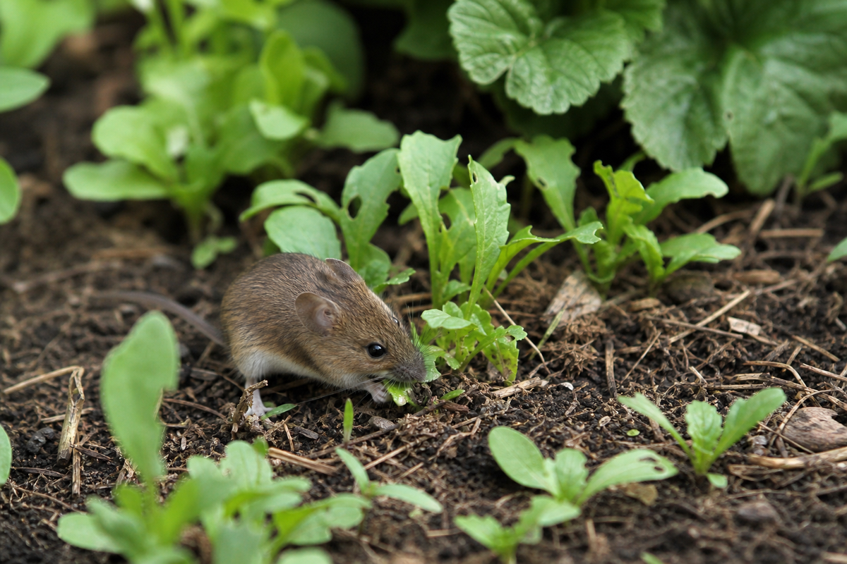 Mulot brun près de jeunes plants dans un potager naturel paillé