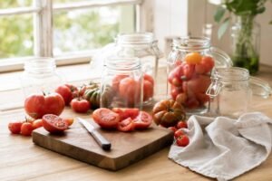 Tomates fraîches et bocaux sur une table de cuisine