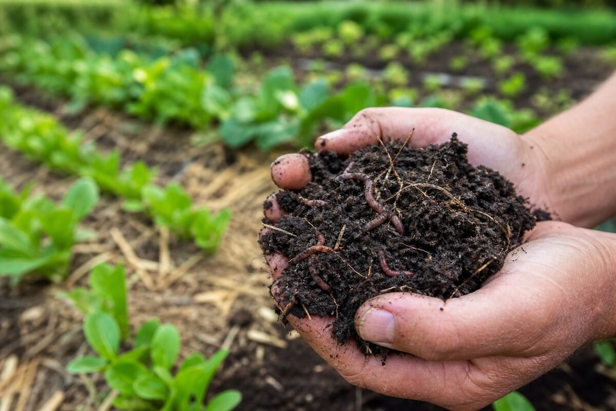 Mains tenant une terre vivante avec vers et jeunes plants au potager