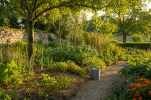 Jardin avec paillage naturel et zones d’ombre en été