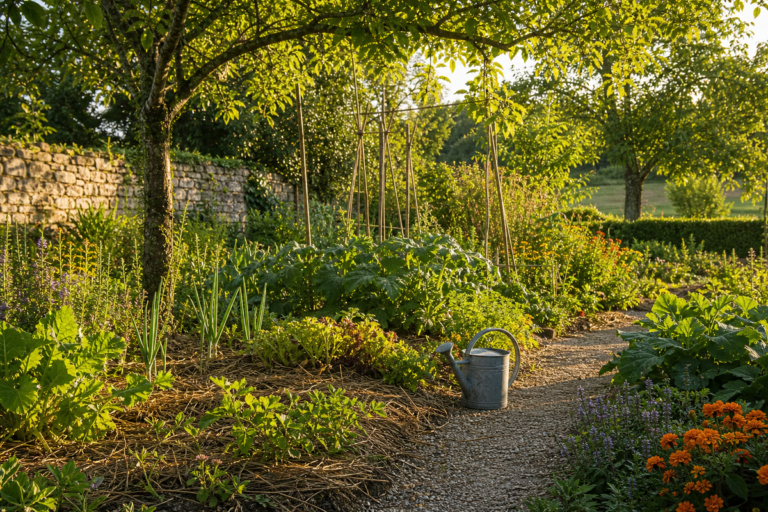 Jardin avec paillage naturel et zones d’ombre en été
