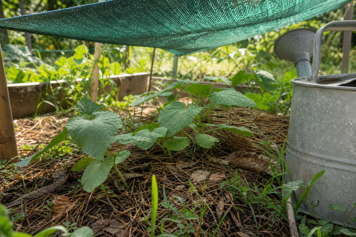 Plantes protégées par un voile d’ombrage et du paillage