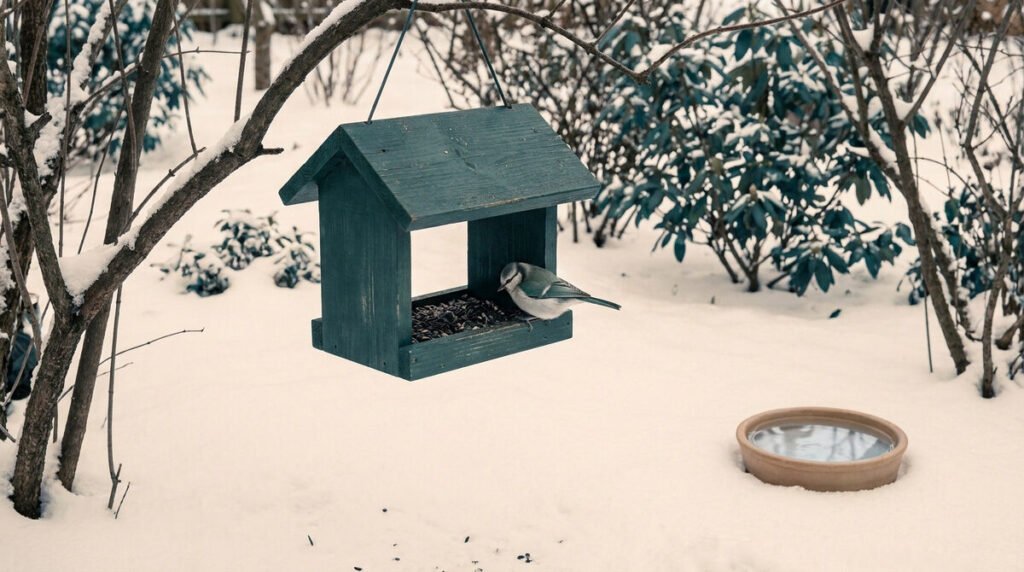 Une mésange mange des graines dans une mangeoire en bois suspendue dans un jardin enneigé.