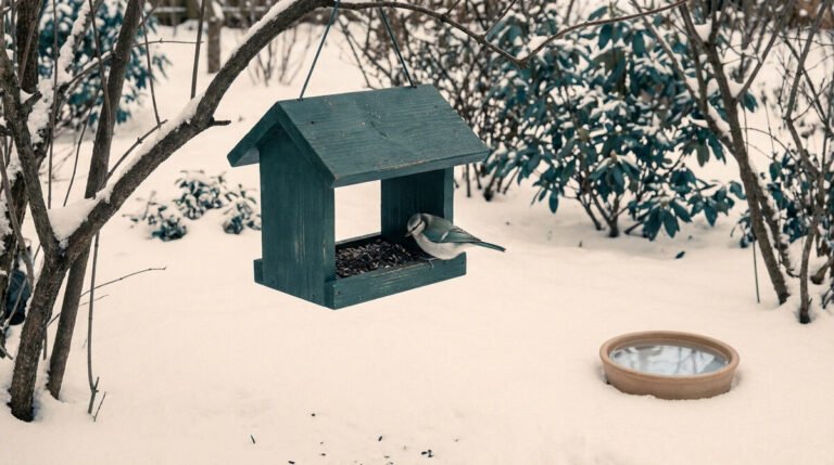 Une mésange mange des graines dans une mangeoire en bois suspendue dans un jardin enneigé.