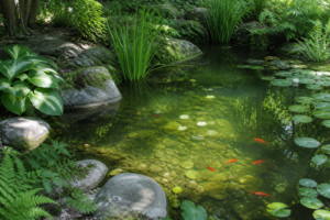 Bassin extérieur à poissons avec une eau légèrement verte et des plantes aquatiques