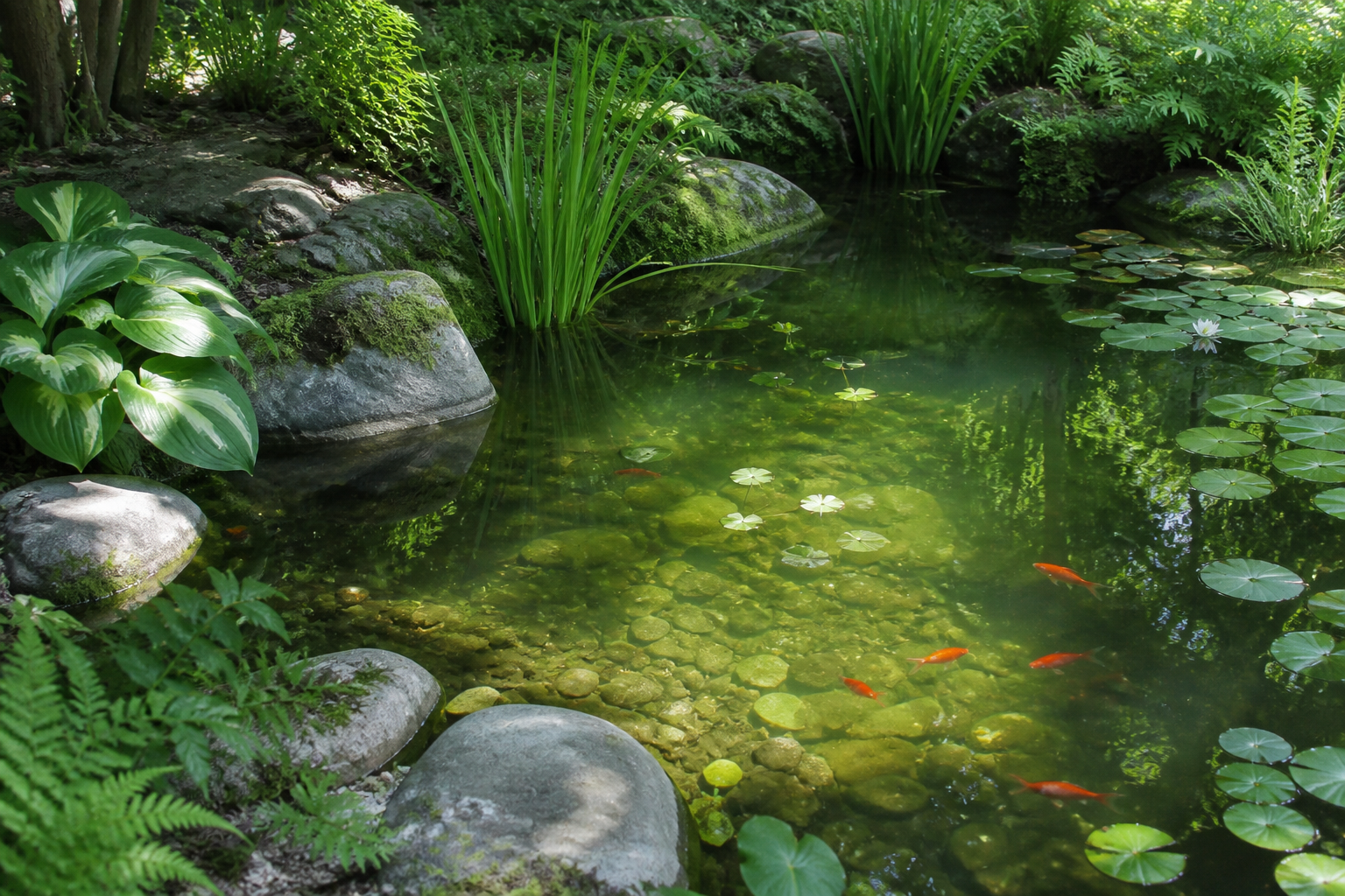 Bassin extérieur à poissons avec une eau légèrement verte et des plantes aquatiques