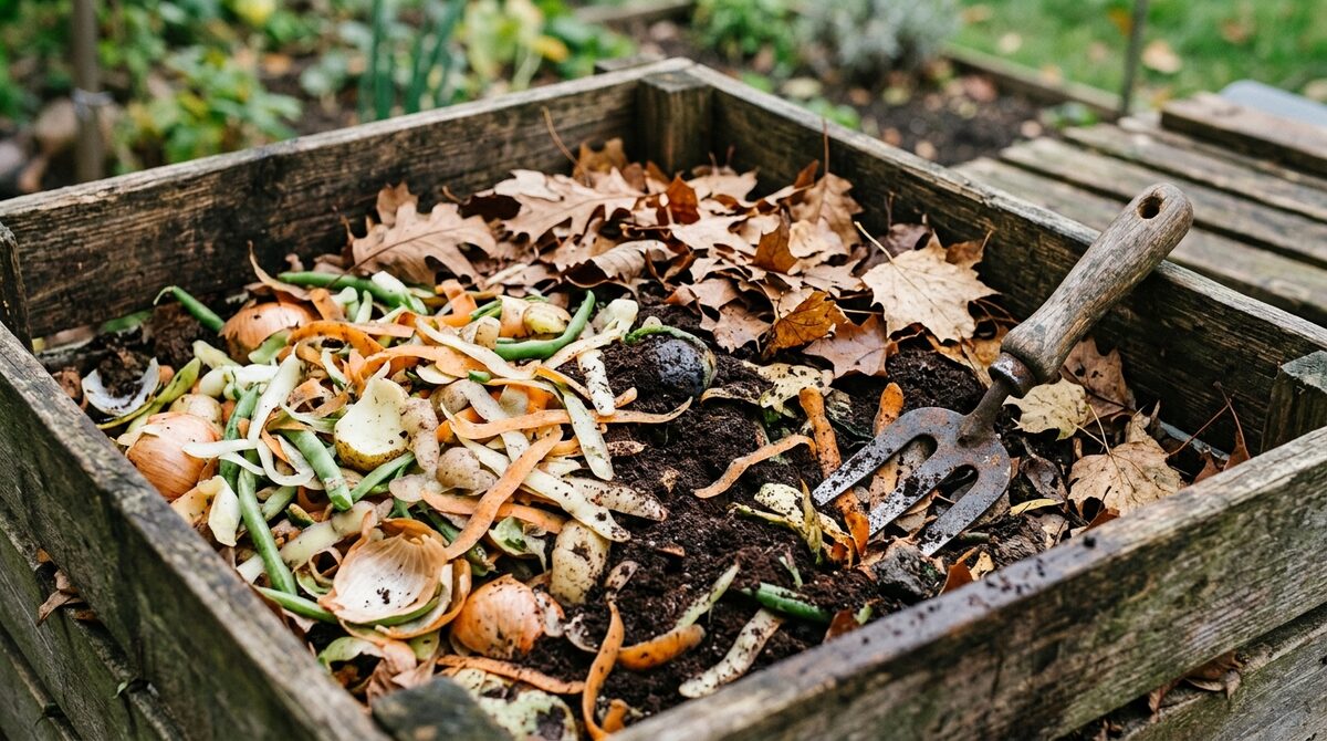 Épluchures de légumes, marc de café et feuilles sèches dans un bac de compostage avec une fourche