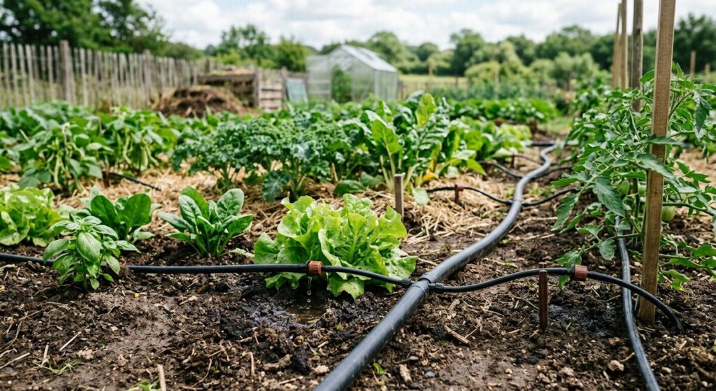 Système d'arrosage au goutte-à-goutte installé dans un potager