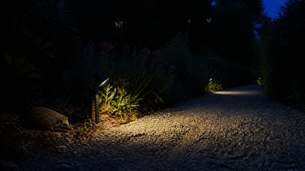 Allée de jardin au crépuscule éclairée par deux lampes basses à lumière chaude, un hérisson visible à la lisière de l'ombre