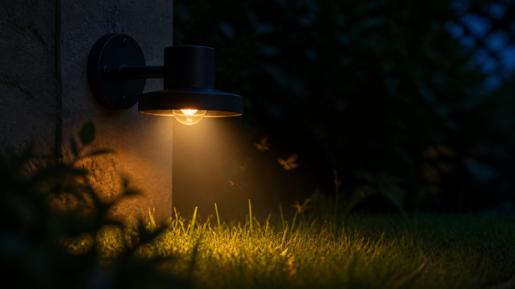 Lampadaire de jardin orienté vers le sol projetant une lumière chaude restreinte sur la pelouse au crépuscule