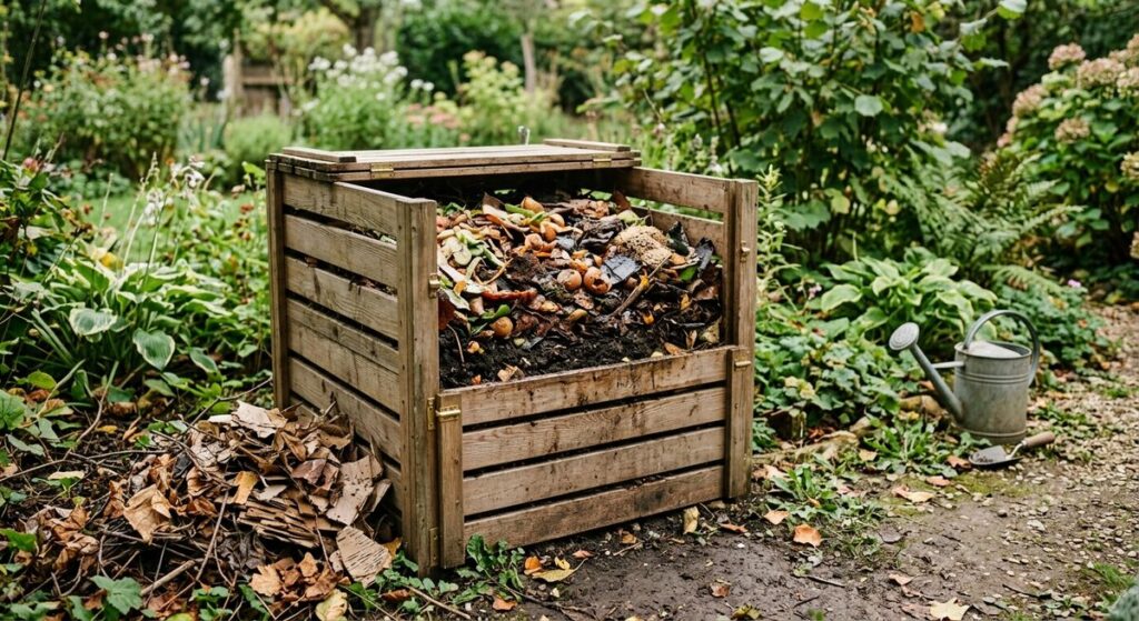 Composteur de jardin en bois ouvert montrant des matières compostables humides
