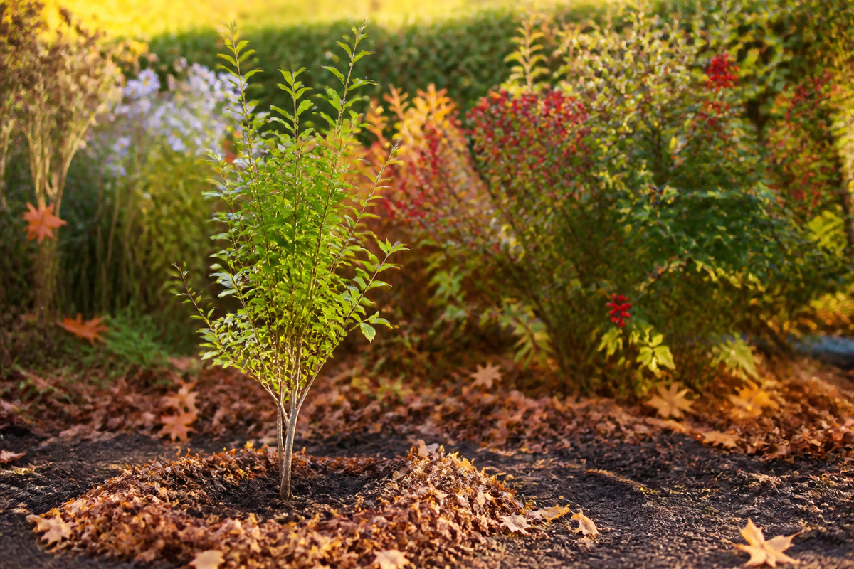 Jeune arbuste planté en automne, terre paillée de feuilles, dans un jardin aux couleurs de septembre