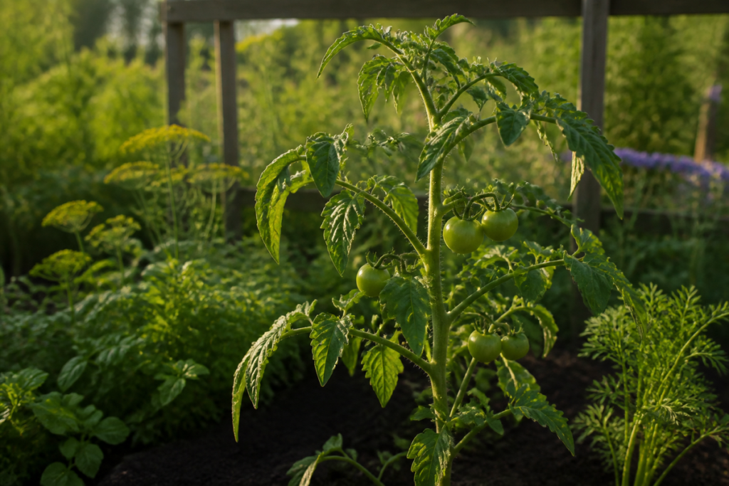 Plant de tomate aux feuilles légèrement enroulées dans un potager vivant