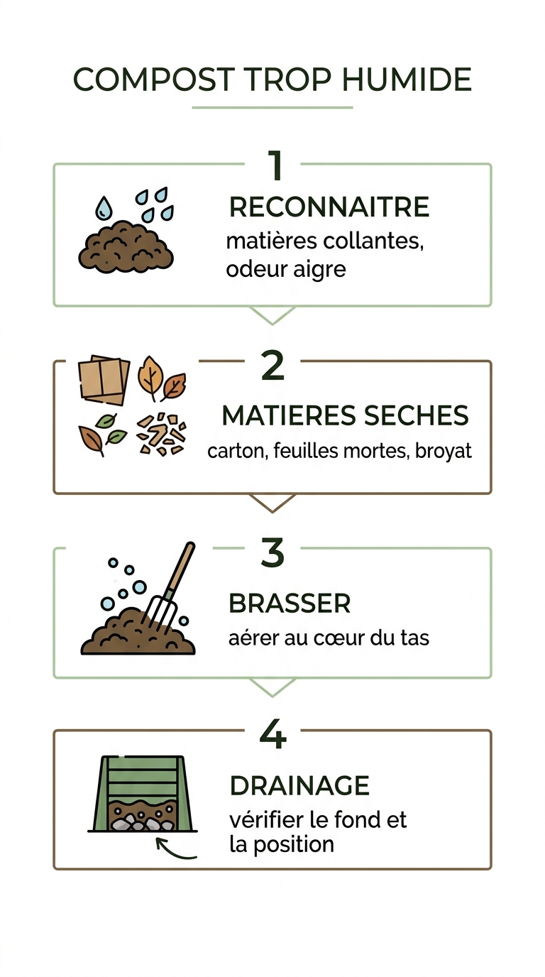 Infographie compost trop humide : reconnaître, matières sèches, brasser, drainage