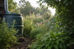 Sol de jardin paillé autour de plantes vertes pendant une période chaude