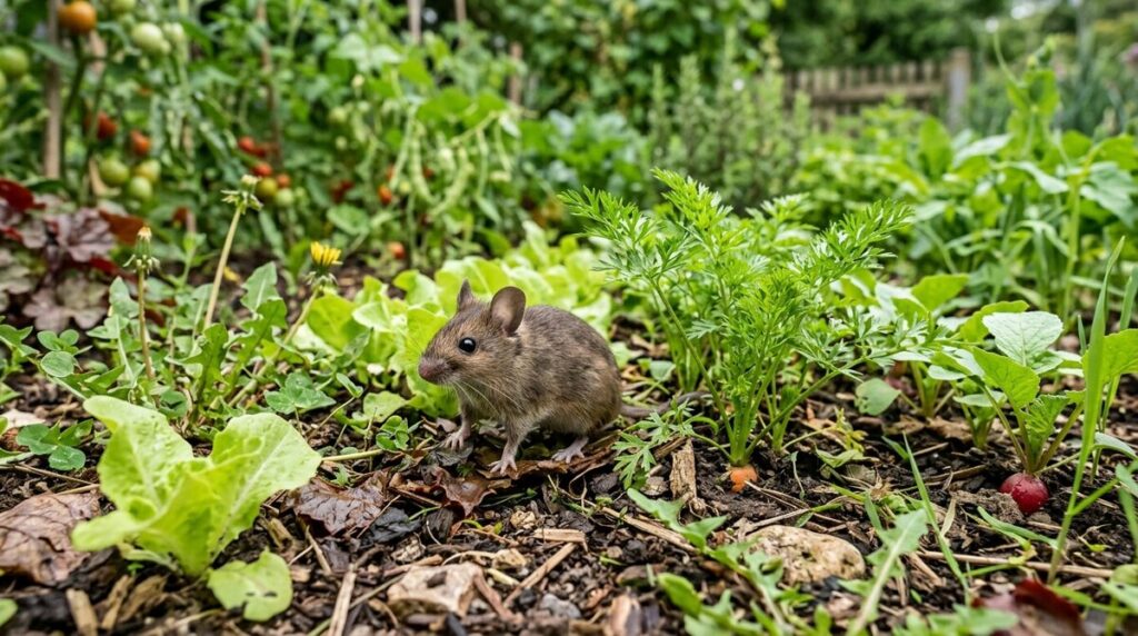 Petit mulot au bord d'un potager entre des plants de légumes