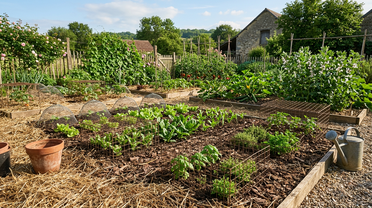 Potager avec des protections grillagées basses autour des jeunes plants