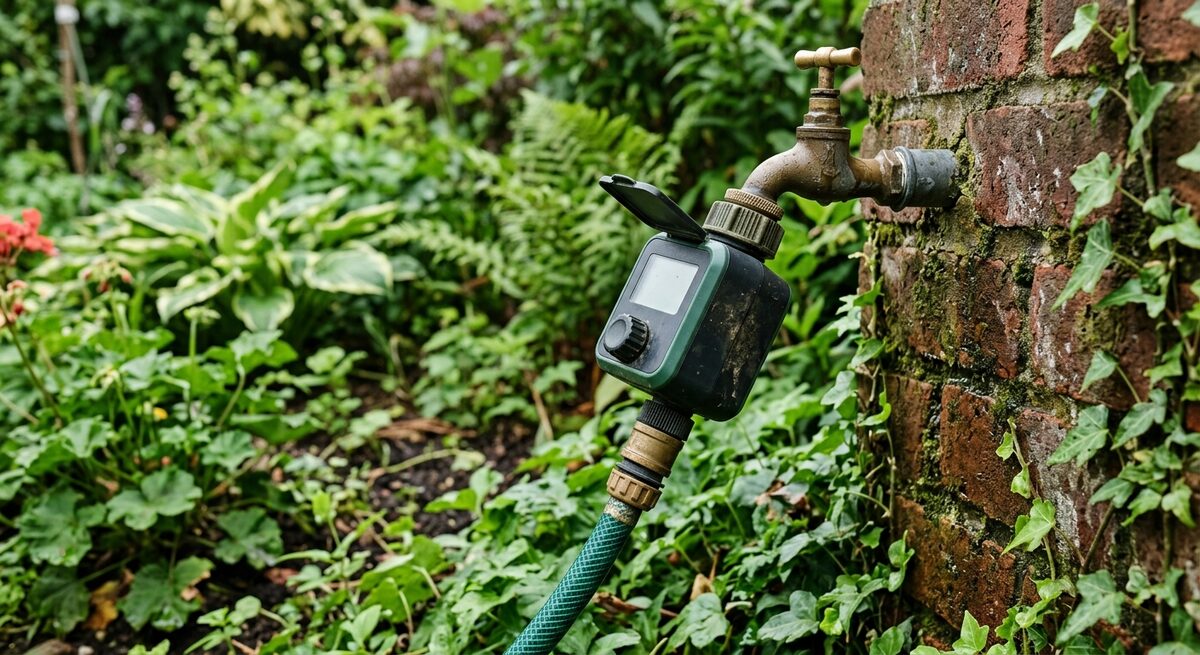 Programmateur d'arrosage connecté au robinet extérieur d'un jardin
