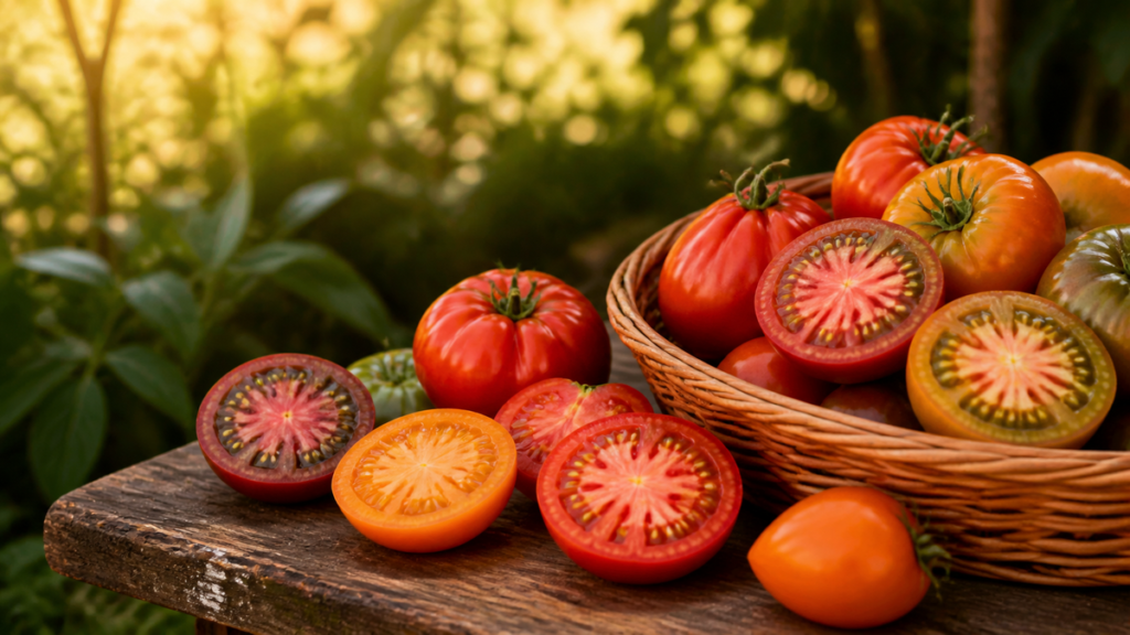 Tomates mûres coupées en deux dans un panier, graines et gelée visibles dans les loges, lumière de fin d'été au jardin
