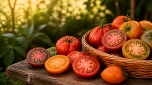 Tomates mûres coupées en deux dans un panier, graines et gelée visibles dans les loges, lumière de fin d'été au jardin