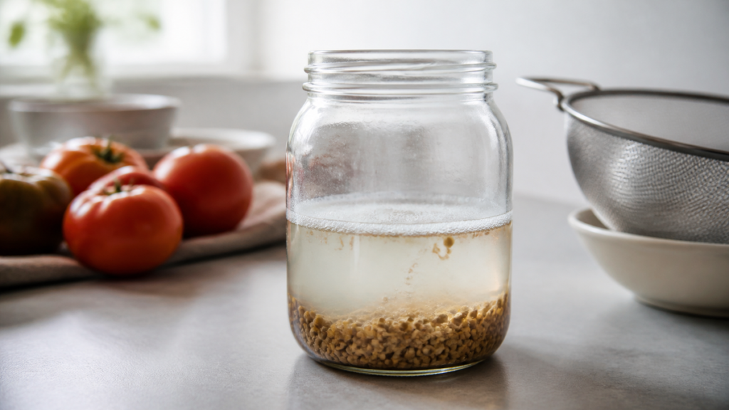 Bocal en verre avec des graines de tomates en fermentation, fine mousse en surface et graines au fond