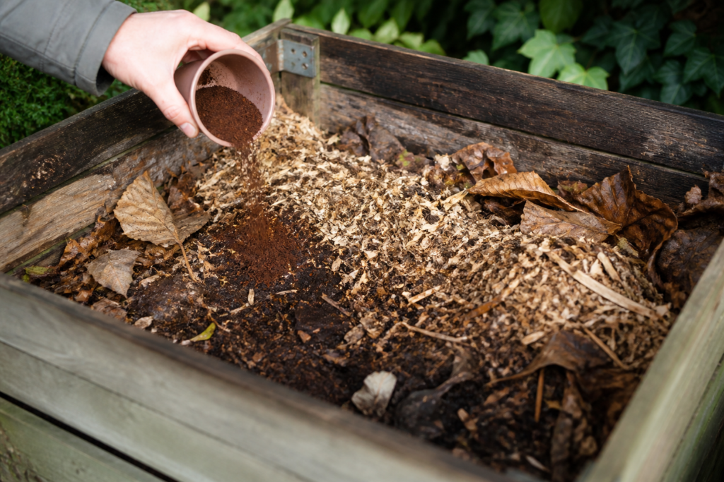 Marc de café ajouté en petite quantité dans un compost de jardin équilibré