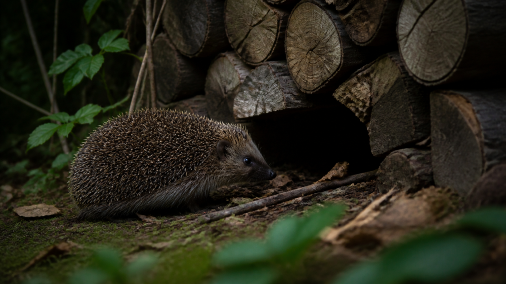 Hérisson européen de profil devant l'entrée sombre d'un tas de bois recouvert de feuilles mortes au crépuscule