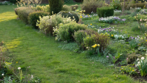 Haie basse diversifiée reliée par une bande enherbée continue qui forme un couloir de biodiversité dans un petit jardin