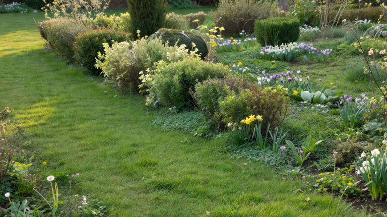 Haie basse diversifiée reliée par une bande enherbée continue qui forme un couloir de biodiversité dans un petit jardin