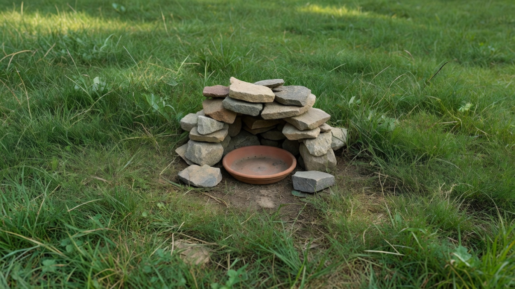 Bande enherbée avec refuge sec en pierres et petite coupelle d'eau à l'ombre, reliés par un couvert végétal continu