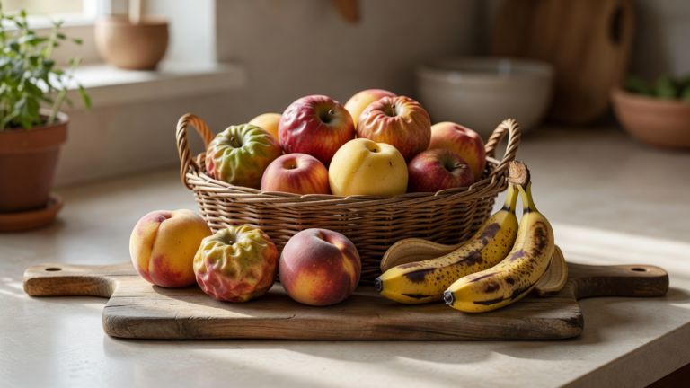 Bananes tachetées, pêches molles et pommes fripées posées sur une planche en bois, encore utilisables en cuisine avant d'être jetées