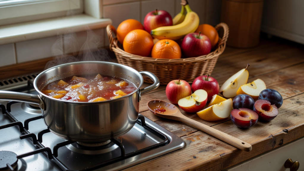 Compote de fruits trop mûrs en préparation dans une casserole sur la cuisinière, avec une cuillère en bois