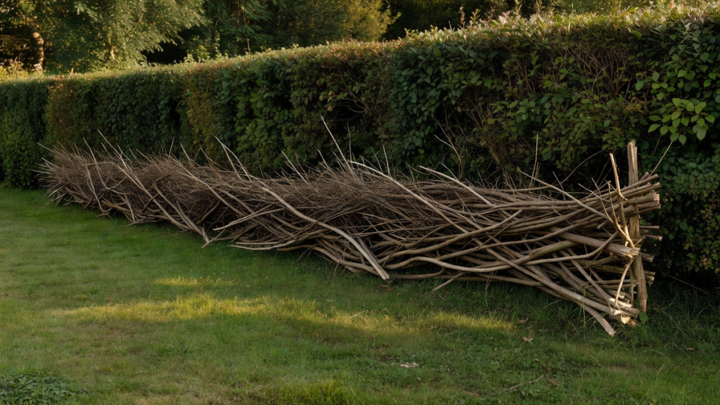 Andain de branches mortes monté en haie sèche au pied d'une haie de jardin