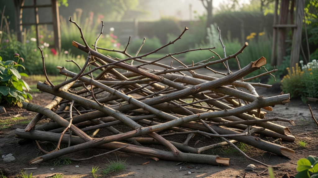 Branches de taille entrelacées en quinconce pour commencer un andain