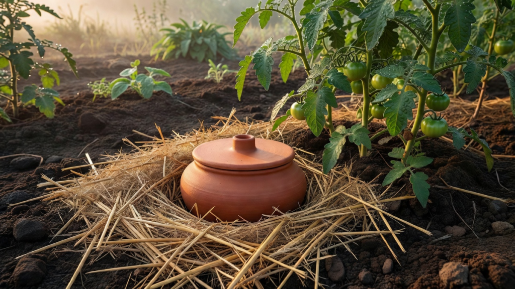 Oyas en terre cuite au potager, couvercle visible parmi la paille, plants de tomates à côté