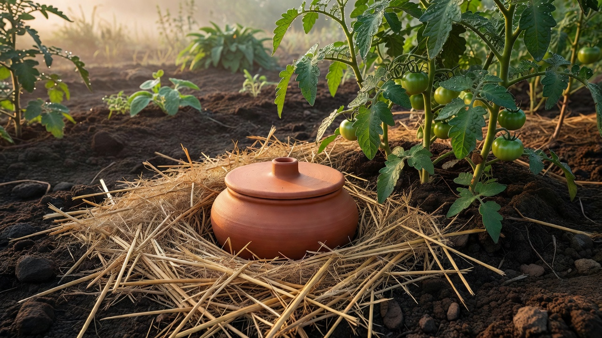 Oyas en terre cuite au potager, couvercle visible parmi la paille, plants de tomates à côté