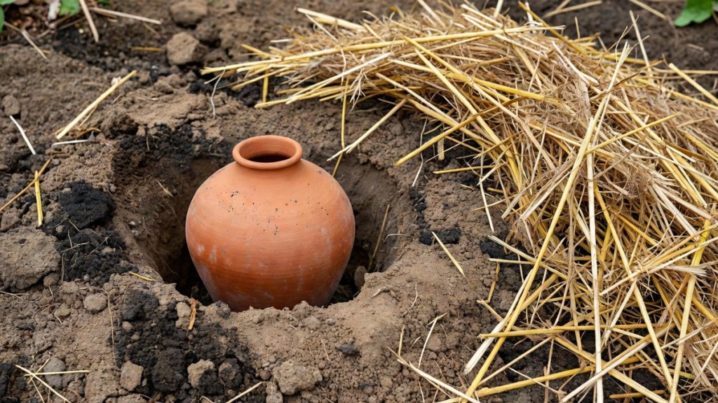 Oyas en terre cuite posé verticalement dans un trou de plantation, paille prête à côté