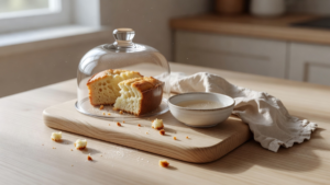 Deux parts de gâteau au yaourt sur une planche en bois, à côté d'un petit bol de sirop de sucre et de moules en silicone à petits formats