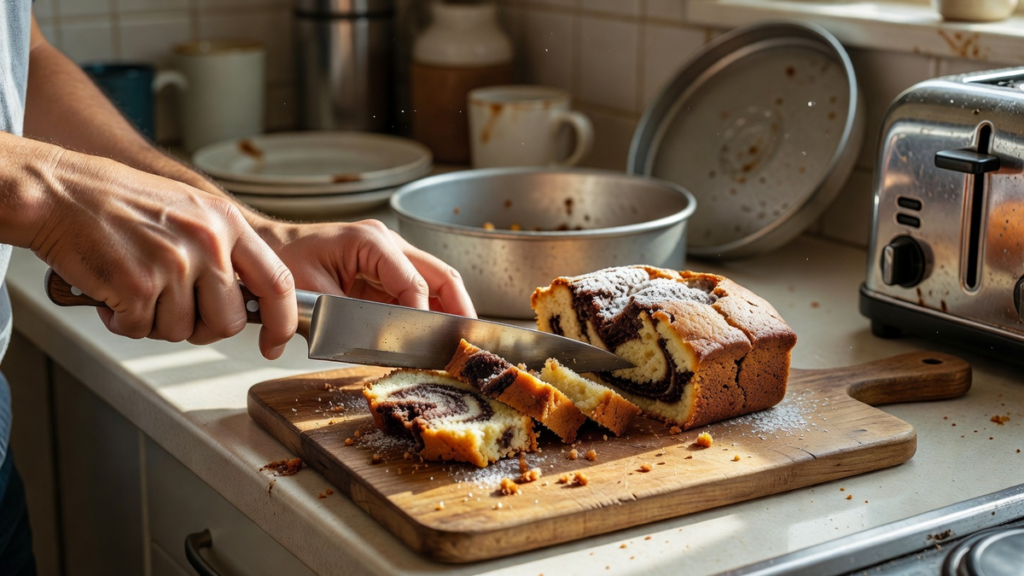 Part de gâteau marbré tranchée finement sur une petite planche, prête à passer au grille-pain