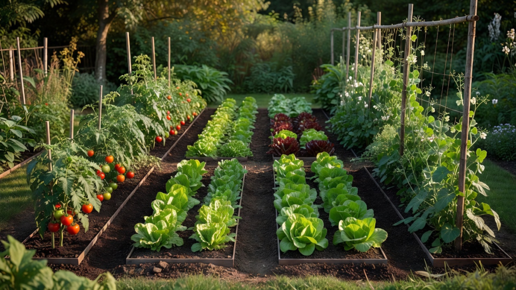 Quatre planches de petit potager plantées de cultures différentes, vues en hauteur, pour illustrer la rotation des cultures