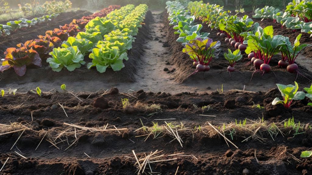 Deux planches de potager voisines, l'une fraîchement travaillée après récolte, l'autre encore en production