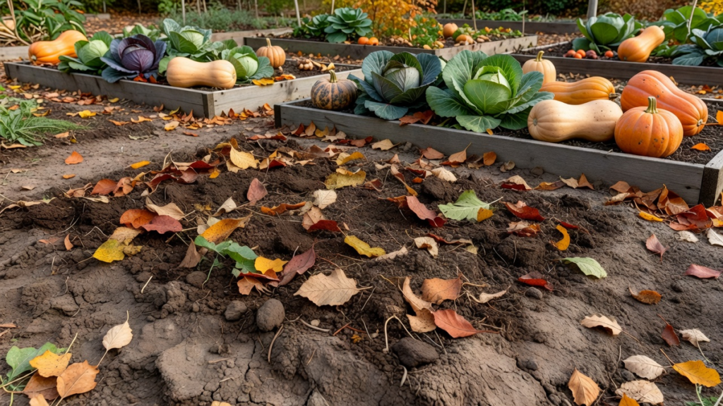Parcelle de potager en automne dont la terre argileuse est recouverte de compost et de feuilles mortes en surface